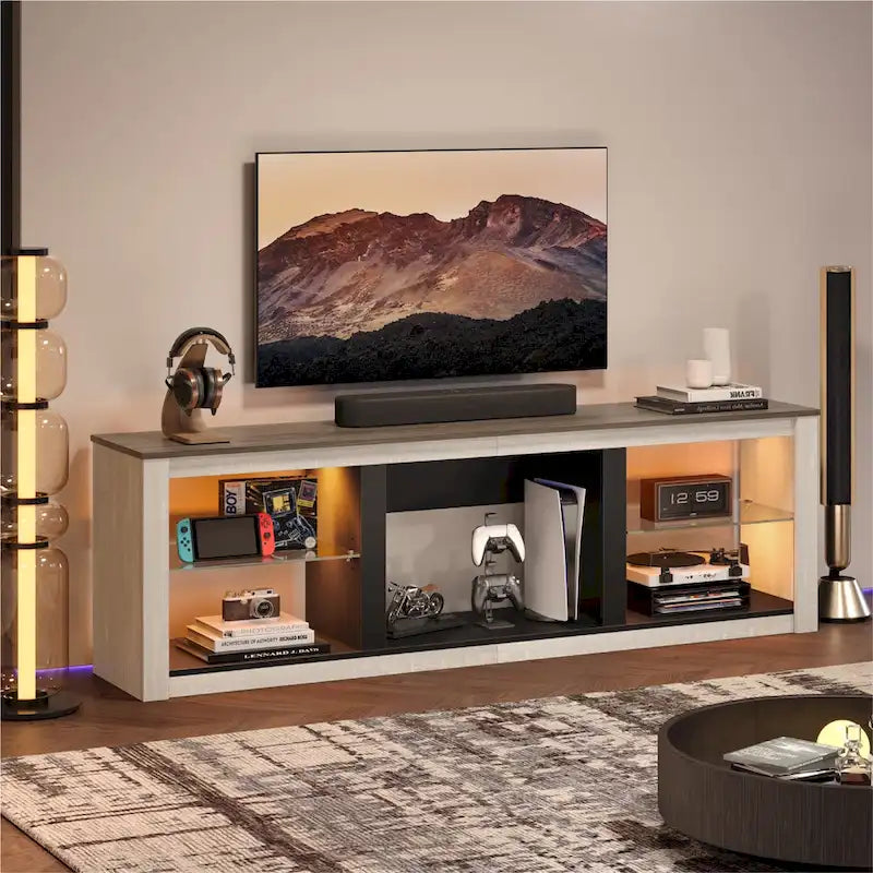 Meuble TV LED 70 pouces avec étagères en verre trempé et armoire ouverte - 71 po