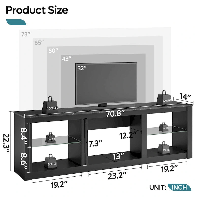 Meuble TV LED 70 pouces avec étagères en verre trempé et armoire ouverte - 71 po