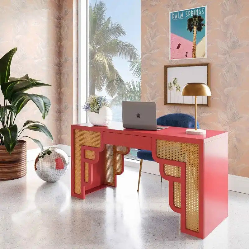 Bureau 1 tiroir en bois et rotin
