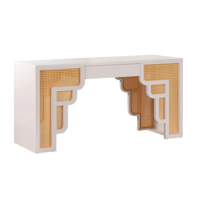 Bureau 1 tiroir en bois et rotin