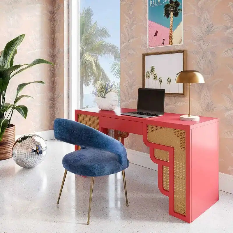 Bureau 1 tiroir en bois et rotin