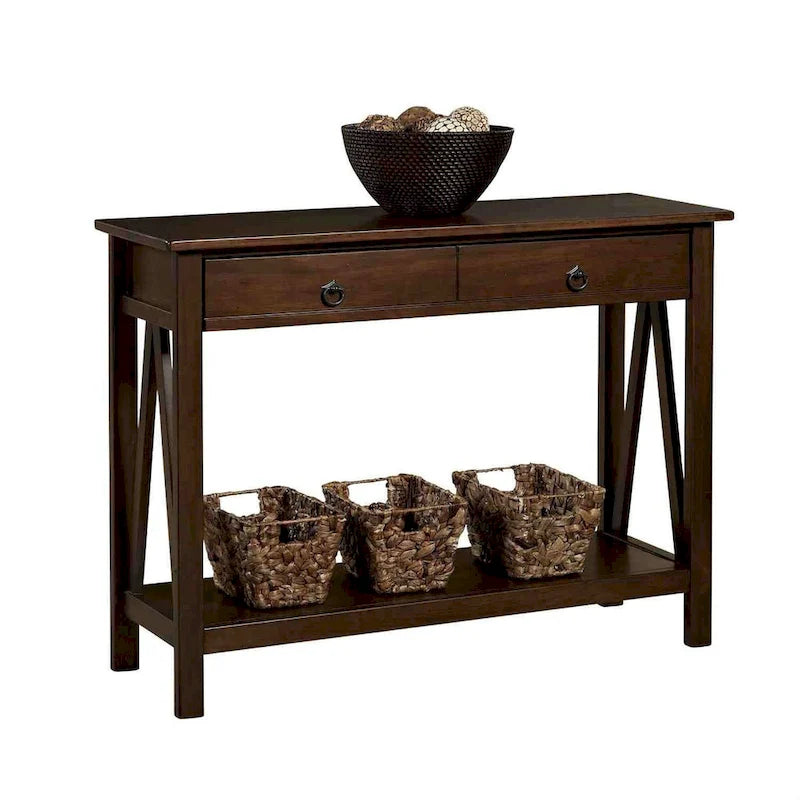 Console de salon à 2 tiroirs et étagère de rangement marron tabac - 14 x 42 x 30,7 pouces
