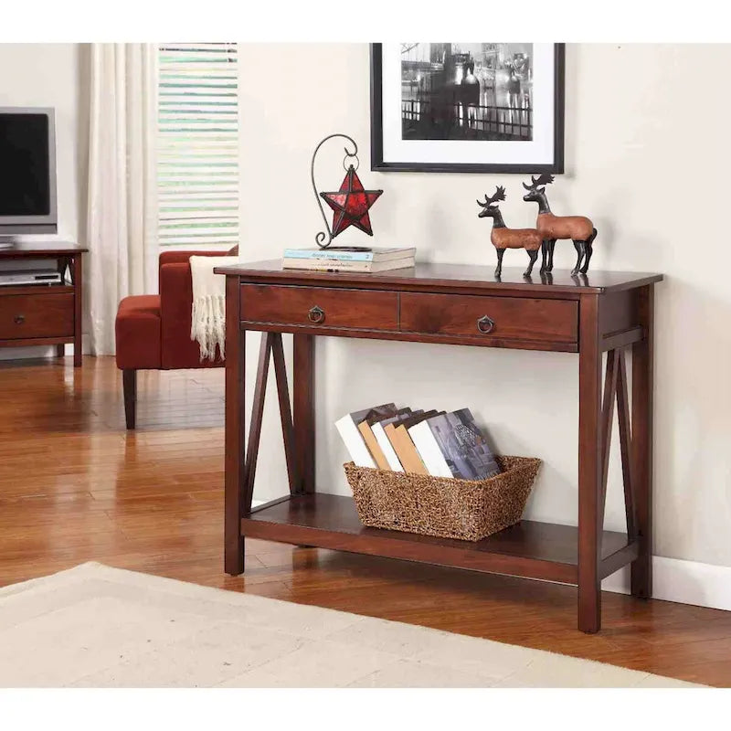Console de salon à 2 tiroirs et étagère de rangement marron tabac - 14 x 42 x 30,7 pouces