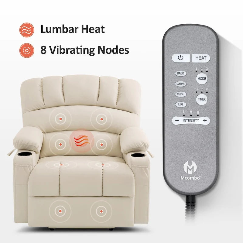 Fauteuil inclinable releveur électrique avec massage et chaleur, en similicuir (Moyen-Large)