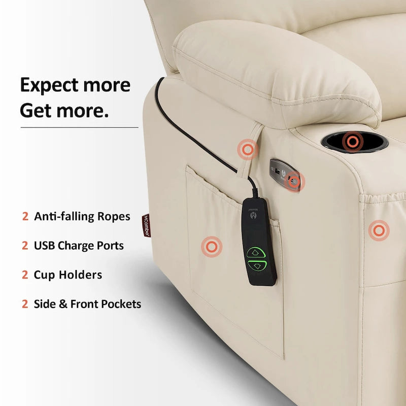Fauteuil inclinable releveur électrique avec massage et chaleur, en similicuir (Moyen-Large)