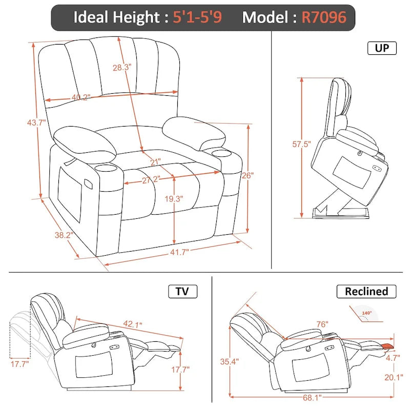 Fauteuil inclinable releveur électrique avec massage et chaleur, en similicuir (Moyen-Large)