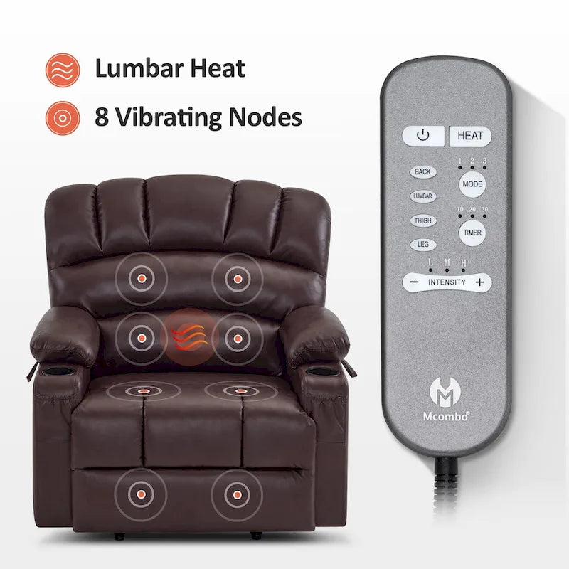 Fauteuil inclinable releveur électrique avec massage et chaleur, en similicuir (Moyen-Large)