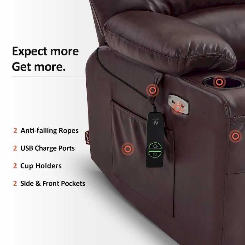 Fauteuil inclinable releveur électrique avec massage et chaleur, en similicuir (Moyen-Large)
