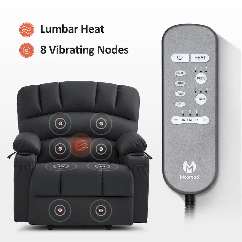 Fauteuil inclinable releveur électrique avec massage et chaleur, en similicuir (Moyen-Large)