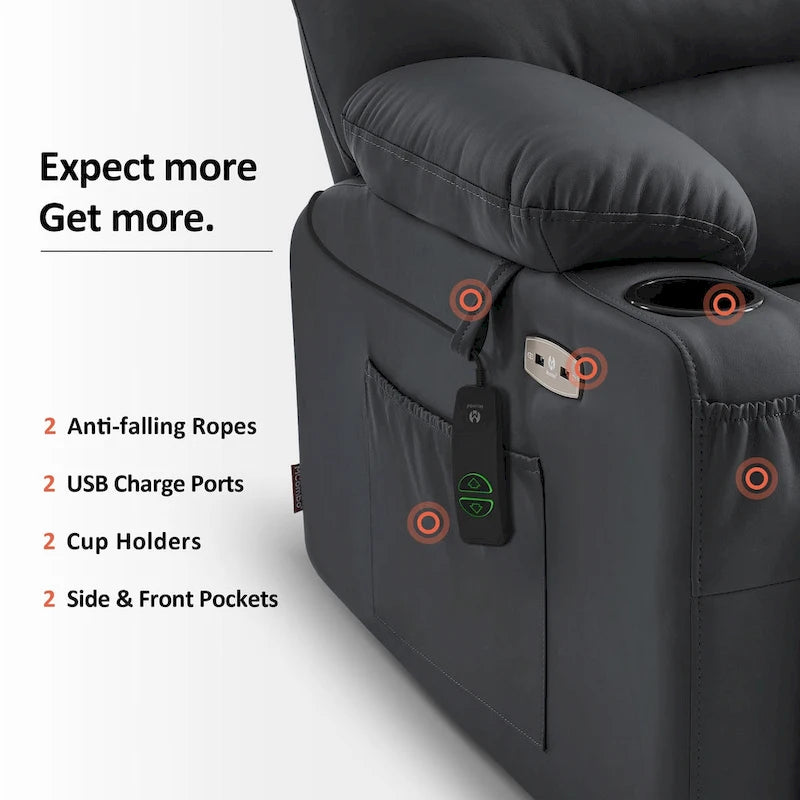 Fauteuil inclinable releveur électrique avec massage et chaleur, en similicuir (Moyen-Large)