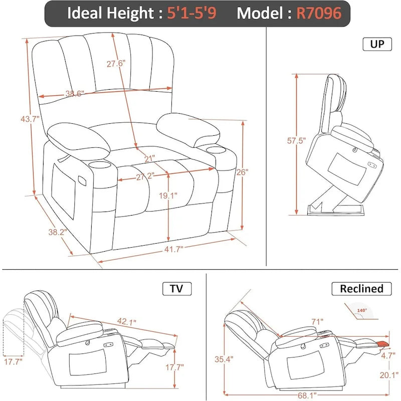 Fauteuil inclinable releveur électrique avec massage et chaleur, en similicuir (Moyen-Large)