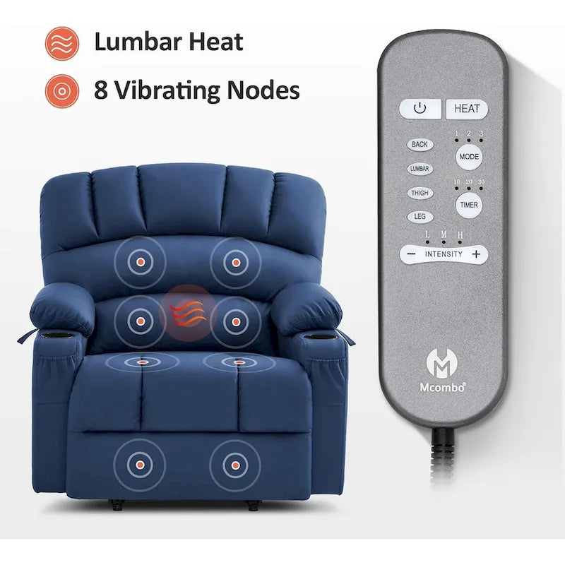 Fauteuil inclinable releveur électrique avec massage et chaleur, en similicuir (Moyen-Large)