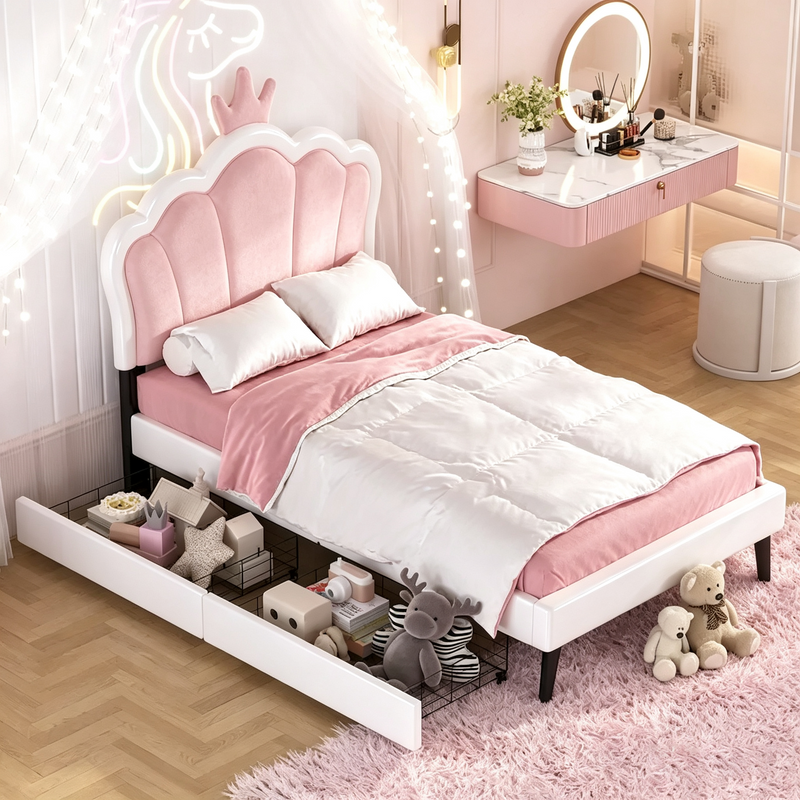 Lit de princesse rembourré avec tête de lit couronne et tiroirs