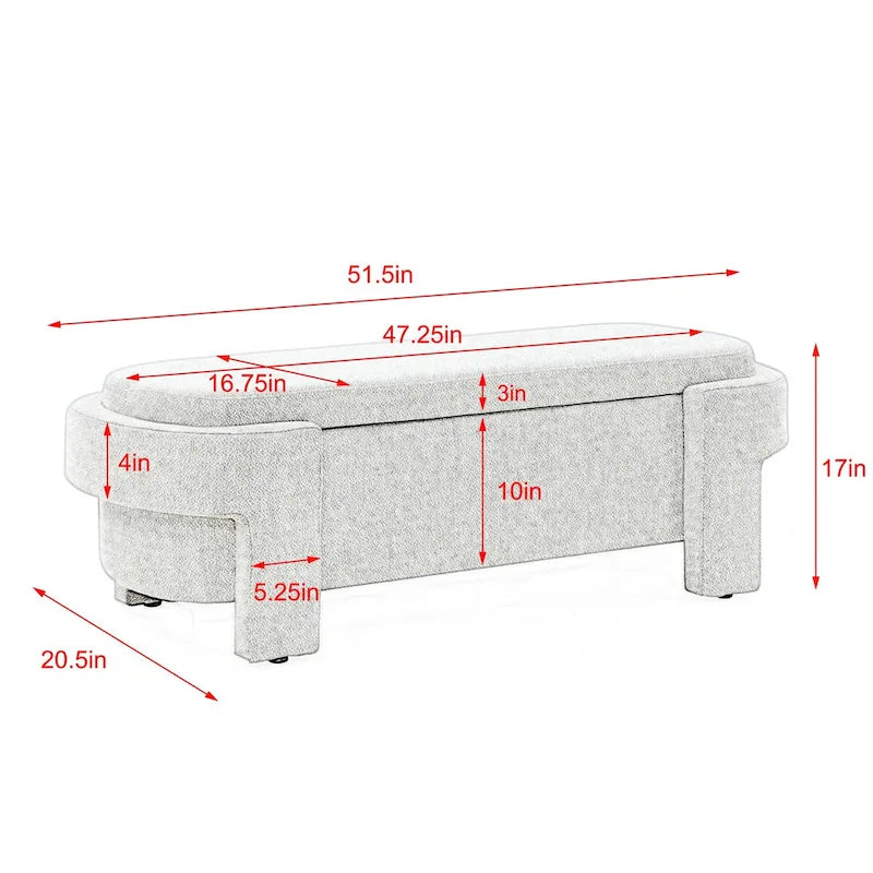 Banc rembourré en tissu de lin avec grand espace de rangement - 51,5L x 20,5l x 17H