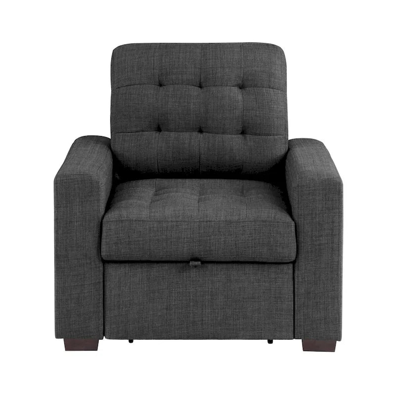 Chaise, pouf escamotable, polyester gris foncé, bois espresso