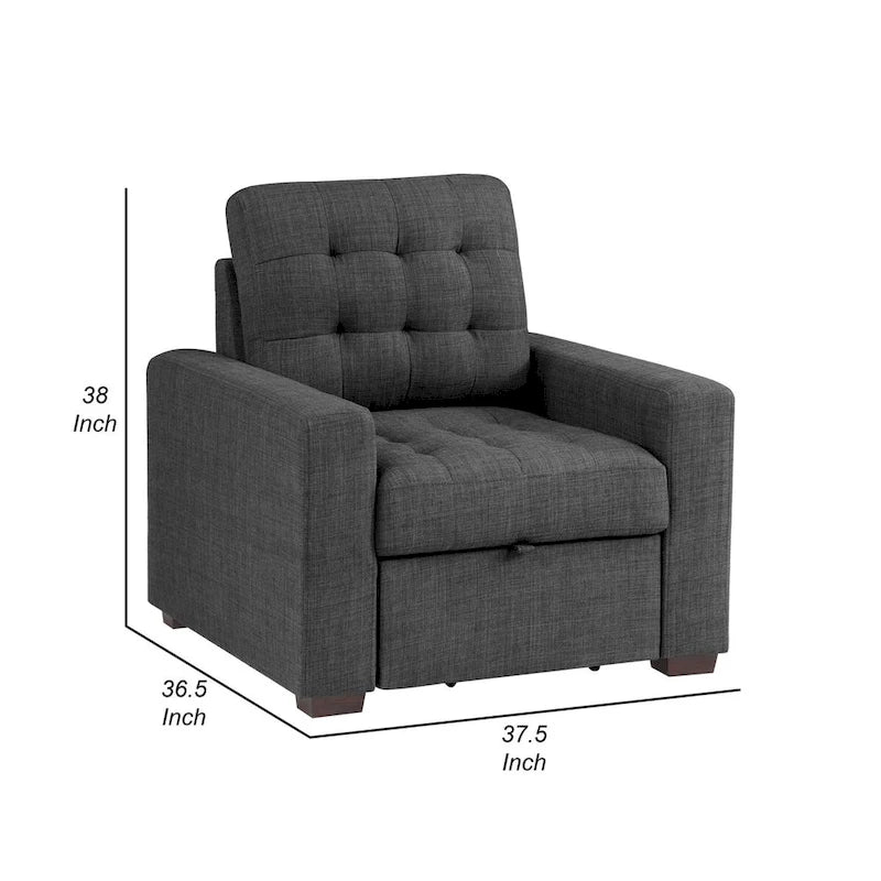 Chaise, pouf escamotable, polyester gris foncé, bois espresso