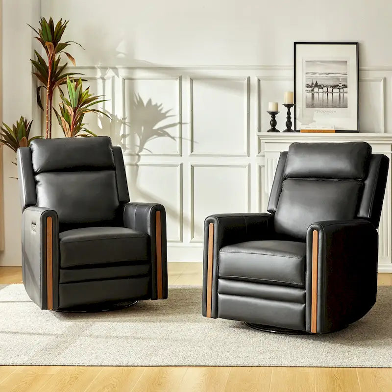 Fauteuil inclinable, pivotant et berçant motorisé en cuir véritable, avec repose-tête et repose-pieds réglables