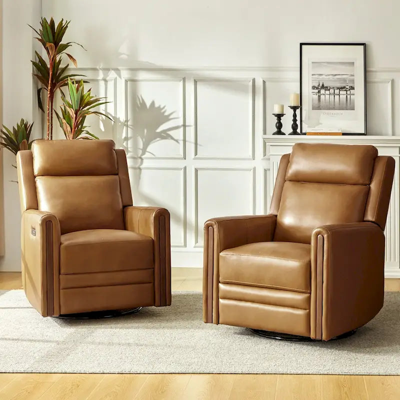 Fauteuil inclinable, pivotant et berçant motorisé en cuir véritable, avec repose-tête et repose-pieds réglables