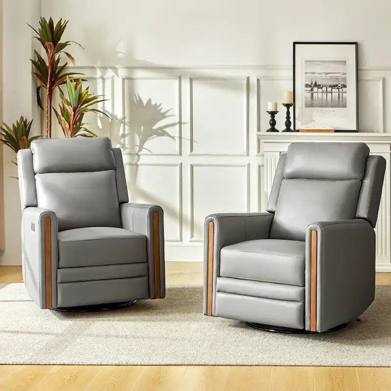 Fauteuil inclinable, pivotant et berçant motorisé en cuir véritable, avec repose-tête et repose-pieds réglables