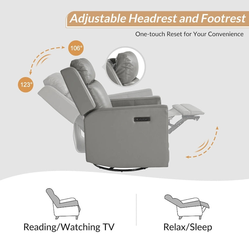 Fauteuil inclinable, pivotant et berçant motorisé en cuir véritable, avec repose-tête et repose-pieds réglables
