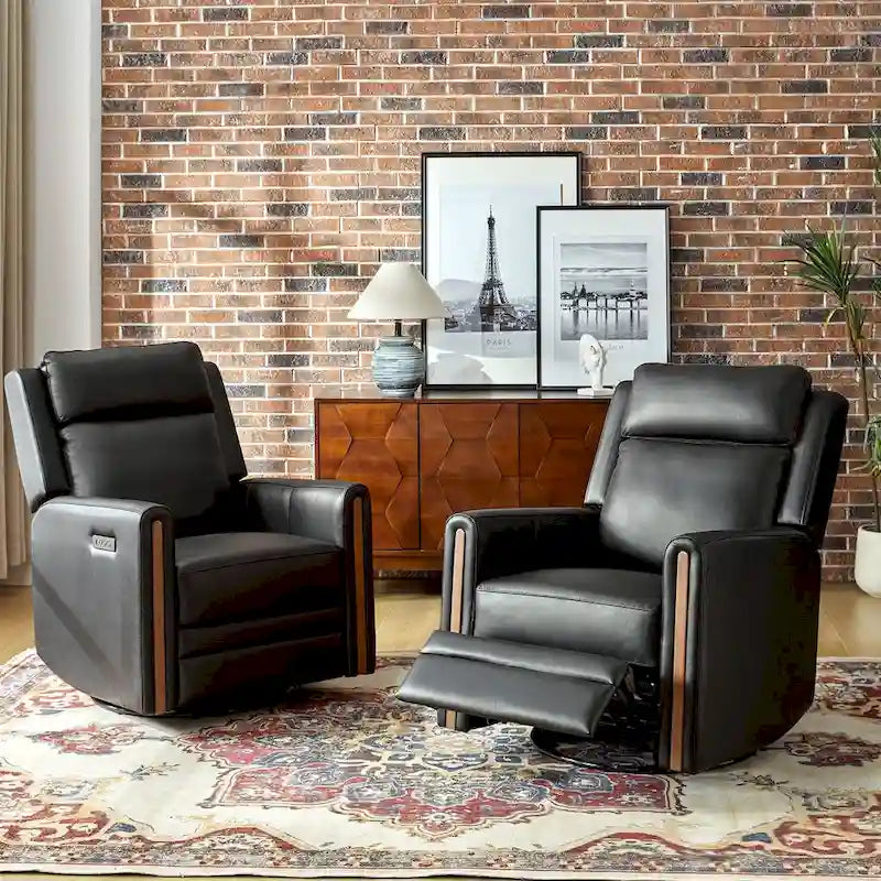 Fauteuil inclinable, pivotant et berçant motorisé en cuir véritable, avec repose-tête et repose-pieds réglables