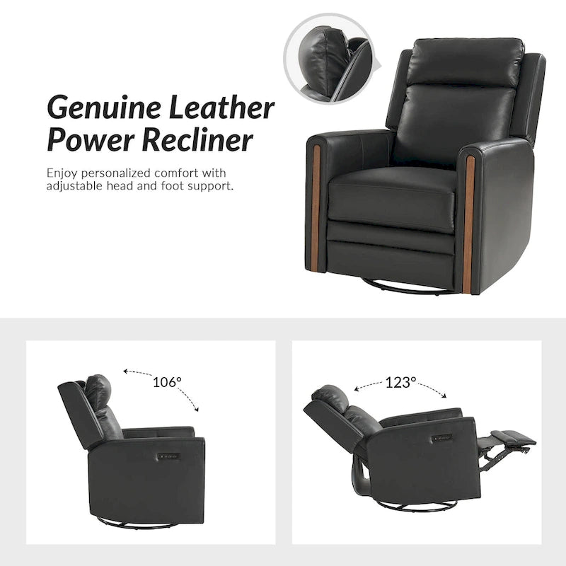 Fauteuil inclinable, pivotant et berçant motorisé en cuir véritable, avec repose-tête et repose-pieds réglables