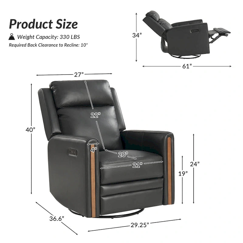 Fauteuil inclinable, pivotant et berçant motorisé en cuir véritable, avec repose-tête et repose-pieds réglables