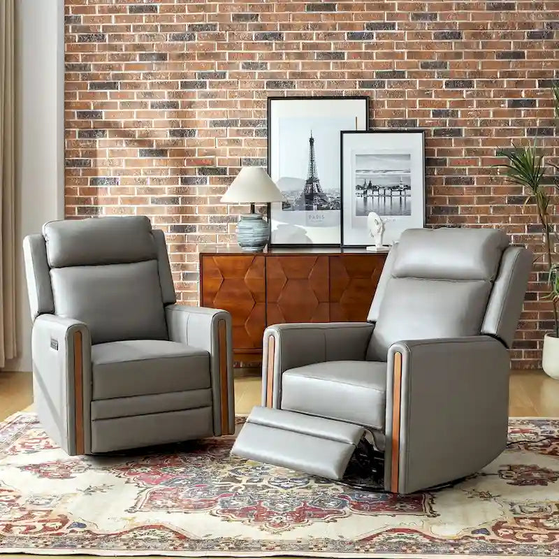 Fauteuil inclinable, pivotant et berçant motorisé en cuir véritable, avec repose-tête et repose-pieds réglables