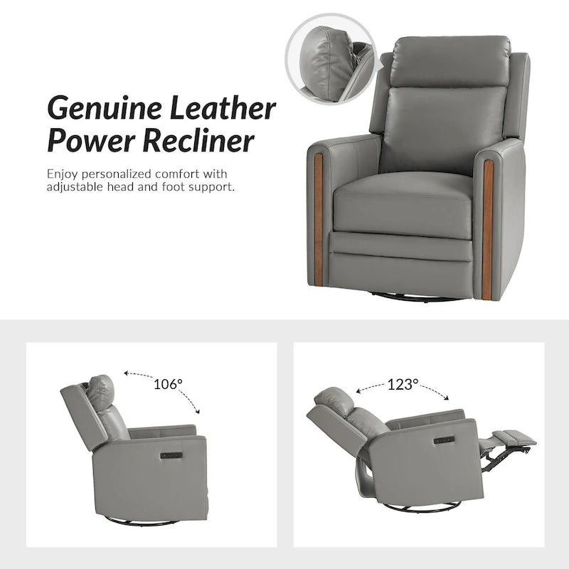 Fauteuil inclinable, pivotant et berçant motorisé en cuir véritable, avec repose-tête et repose-pieds réglables