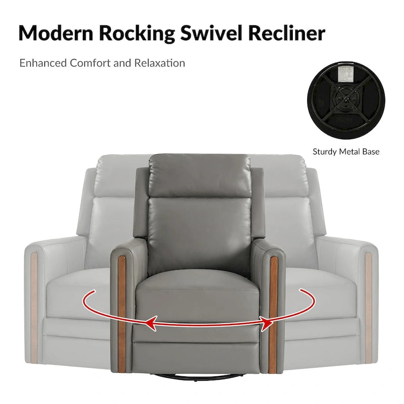 Fauteuil inclinable, pivotant et berçant motorisé en cuir véritable, avec repose-tête et repose-pieds réglables