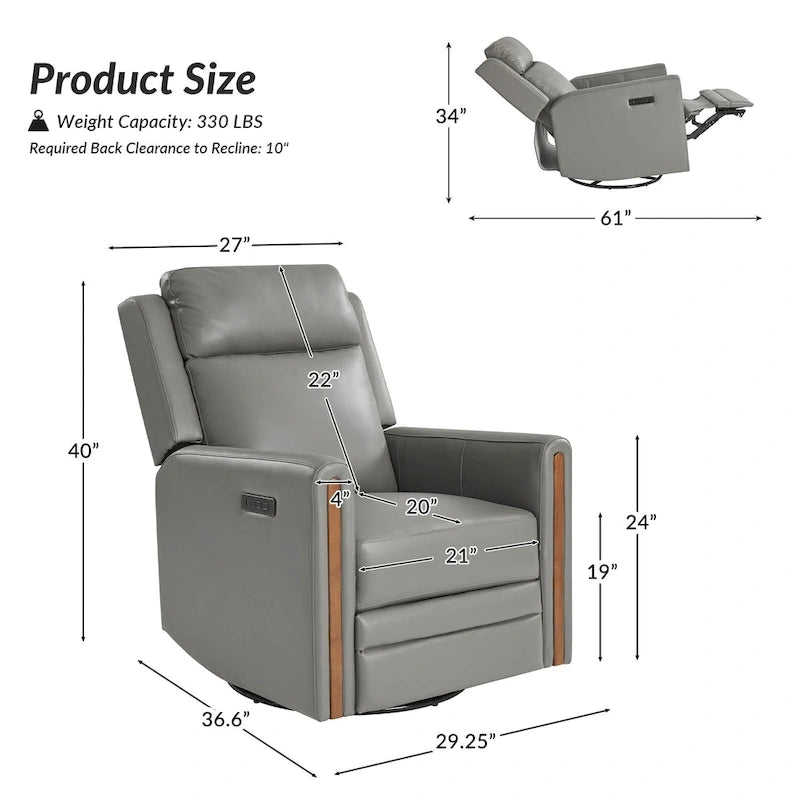Fauteuil inclinable, pivotant et berçant motorisé en cuir véritable, avec repose-tête et repose-pieds réglables