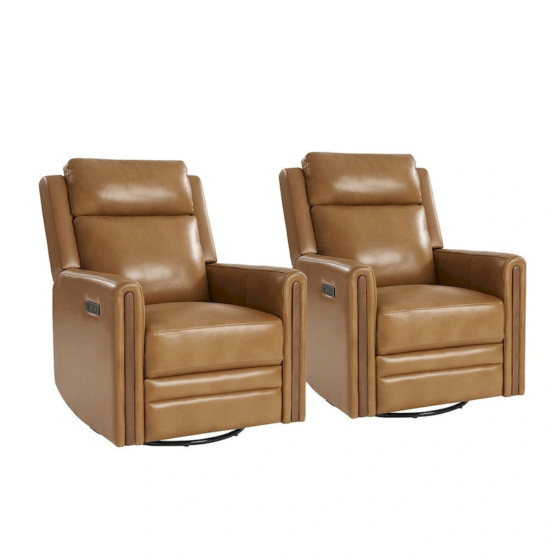 Fauteuil inclinable, pivotant et berçant motorisé en cuir véritable, avec repose-tête et repose-pieds réglables