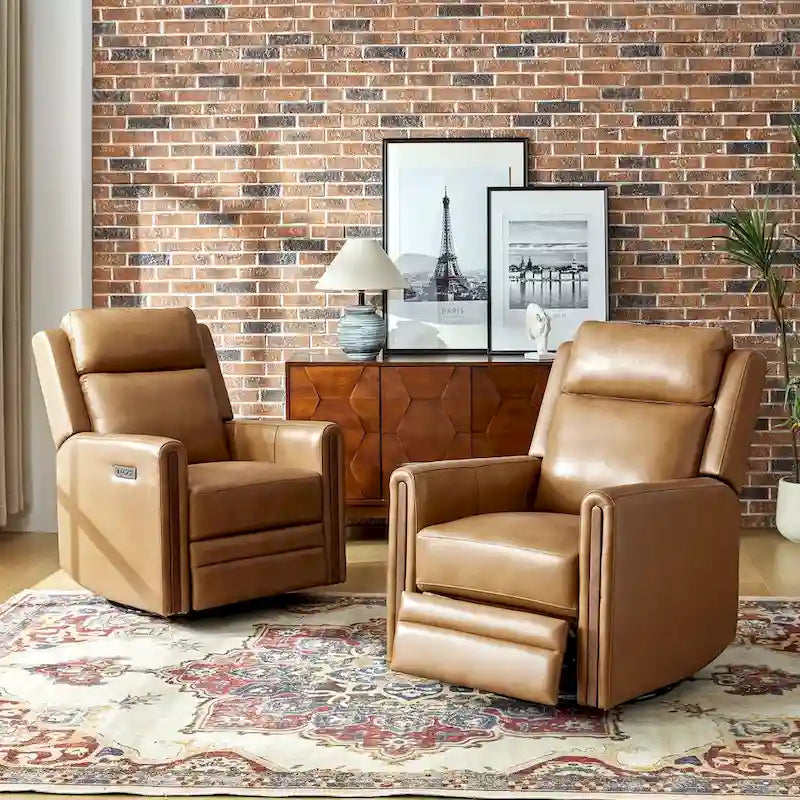 Fauteuil inclinable, pivotant et berçant motorisé en cuir véritable, avec repose-tête et repose-pieds réglables