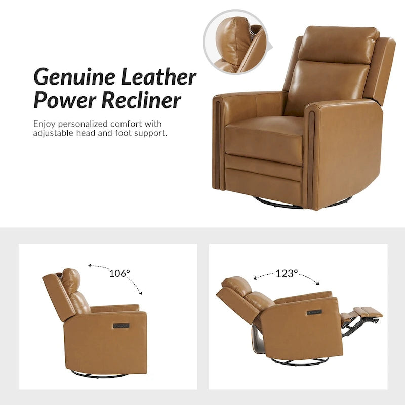 Fauteuil inclinable, pivotant et berçant motorisé en cuir véritable, avec repose-tête et repose-pieds réglables