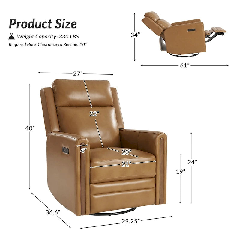 Fauteuil inclinable, pivotant et berçant motorisé en cuir véritable, avec repose-tête et repose-pieds réglables