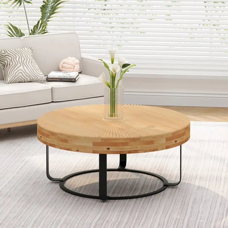 Table basse ronde moderne avec motif sculpté en bois et pieds en métal pour salon, salle de réception, bureau, Noir