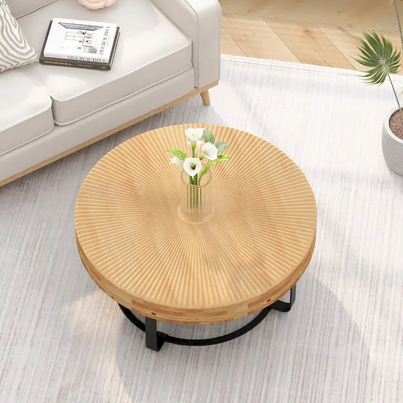 Table basse ronde moderne avec motif sculpté en bois et pieds en métal pour salon, salle de réception, bureau, Noir