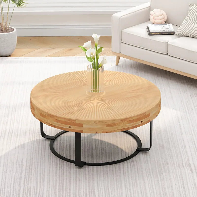 Table basse ronde moderne avec motif sculpté en bois et pieds en métal pour salon, salle de réception, bureau, Noir
