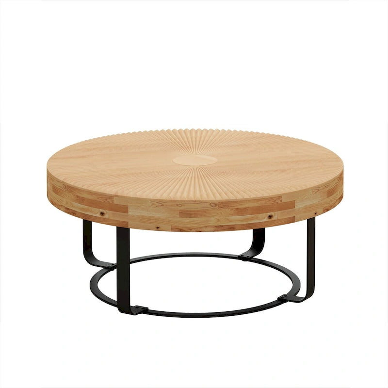 Table basse ronde moderne avec motif sculpté en bois et pieds en métal pour salon, salle de réception, bureau, Noir
