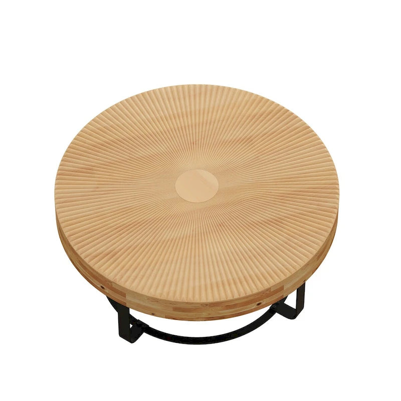 Table basse ronde moderne avec motif sculpté en bois et pieds en métal pour salon, salle de réception, bureau, Noir