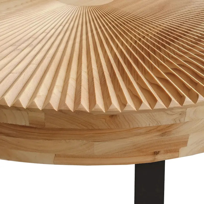 Table basse ronde moderne avec motif sculpté en bois et pieds en métal pour salon, salle de réception, bureau, Noir