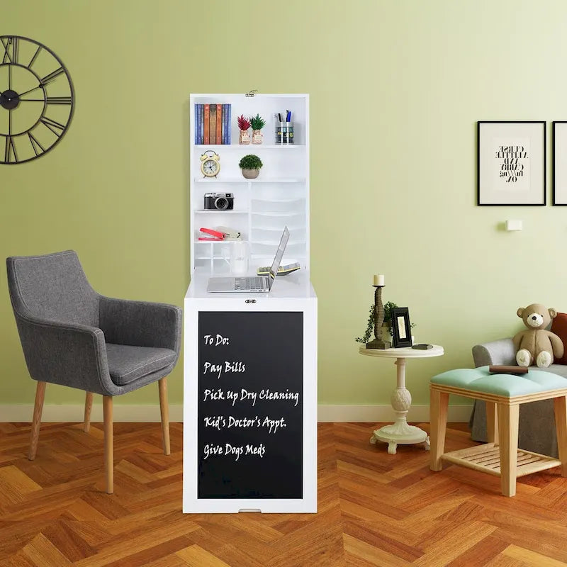 Table de bureau pliante avec meuble de rangement et étagères inférieures, Bureau d'ordinateur avec rangement, Blanc