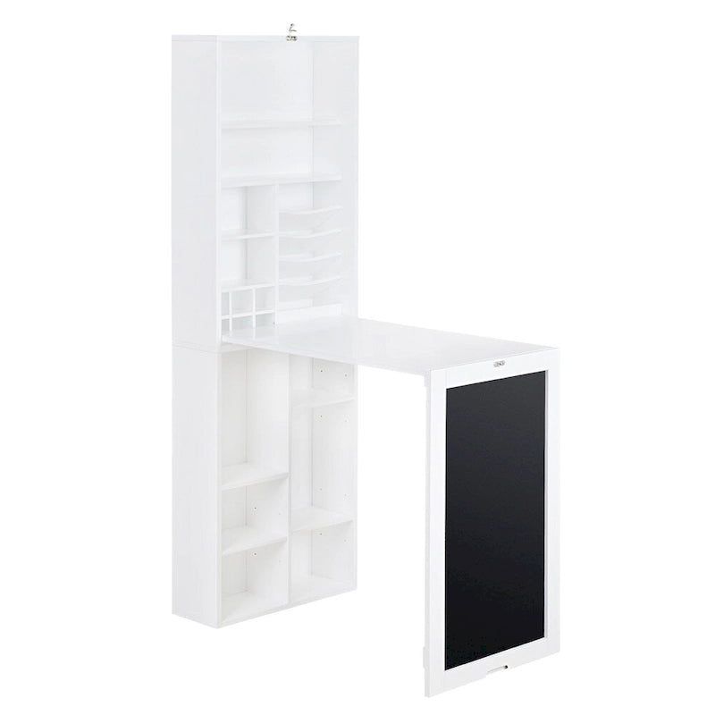 Table de bureau pliante avec meuble de rangement et étagères inférieures, Bureau d'ordinateur avec rangement, Blanc