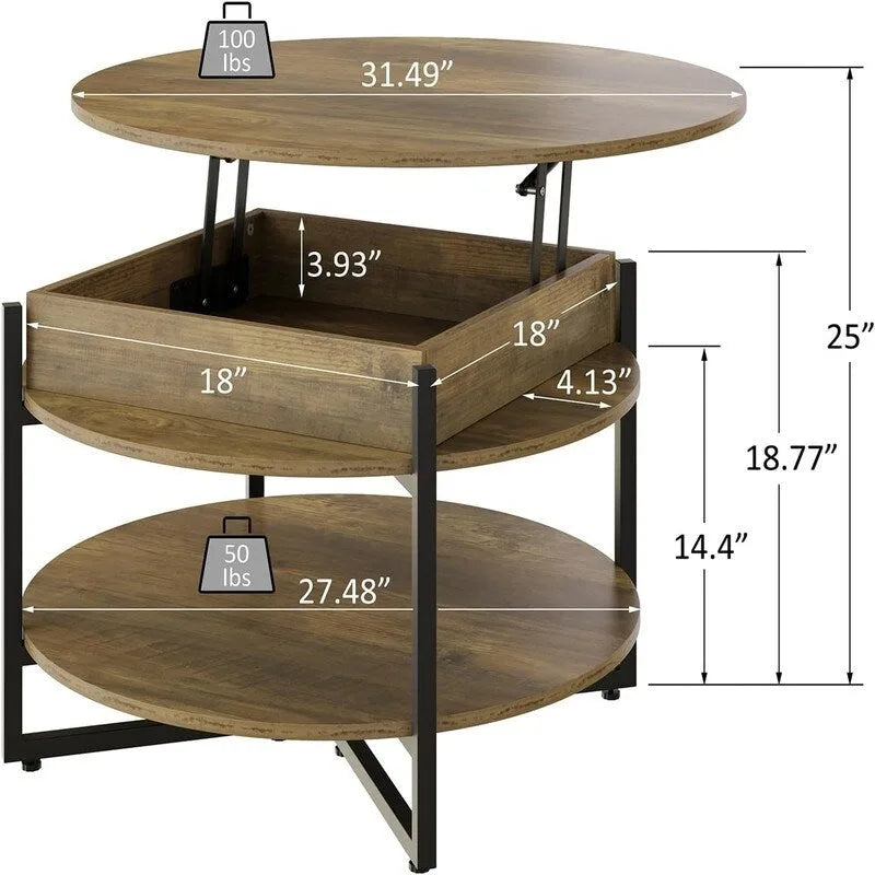 Table basse circulaire relevable en bois – 80D x 80L x 44H