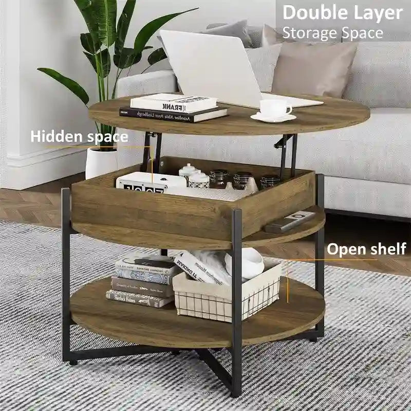 Table basse circulaire relevable en bois – 80D x 80L x 44H