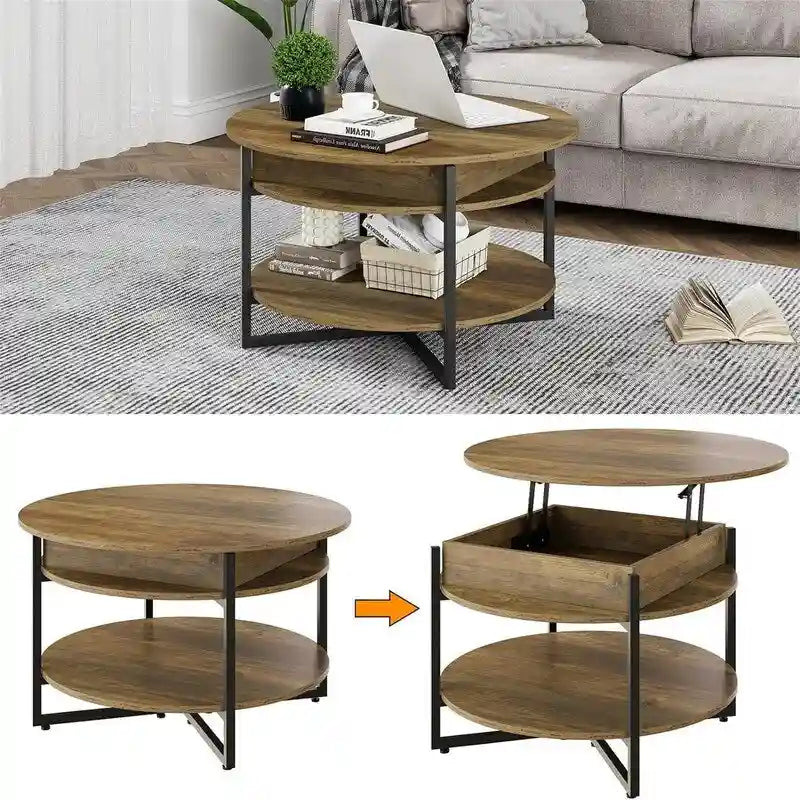 Table basse circulaire relevable en bois – 80D x 80L x 44H