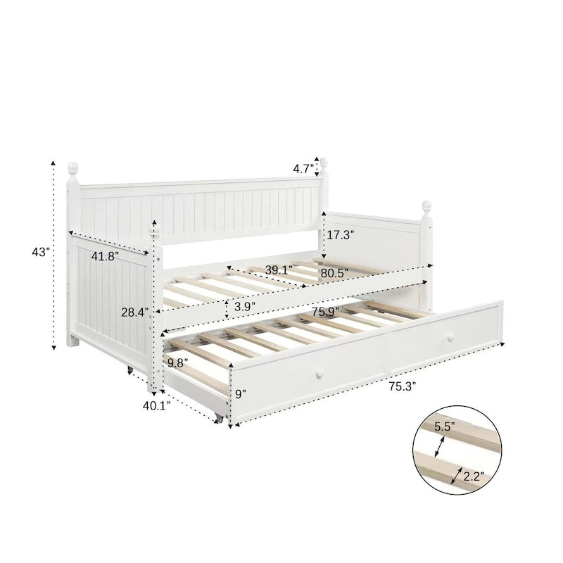 Lit de repos moderne double avec lit gigogne et rangement dissimulé White+Trundle