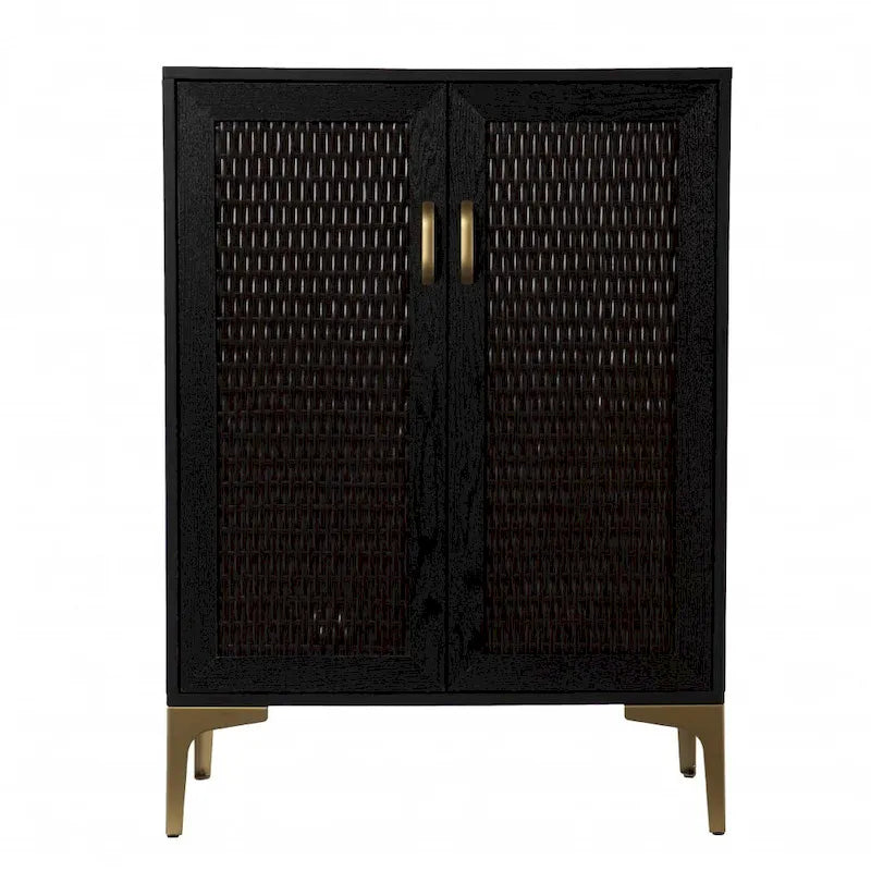 Meuble bar moderne rustique noir et or avec cannage en rotin synthétique