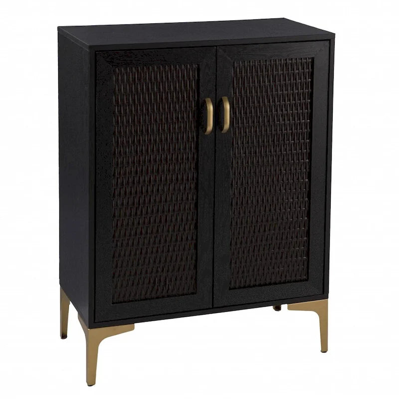 Meuble bar moderne rustique noir et or avec cannage en rotin synthétique