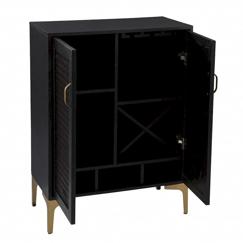 Meuble bar moderne rustique noir et or avec cannage en rotin synthétique